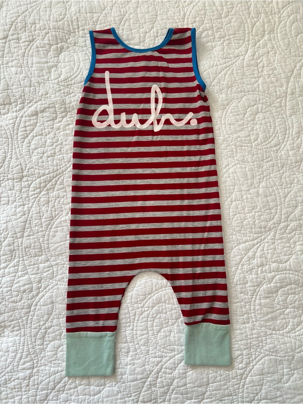 Rags Striped 'duh.' One-Piece Romper in Red and Gray with Mint Cuffs